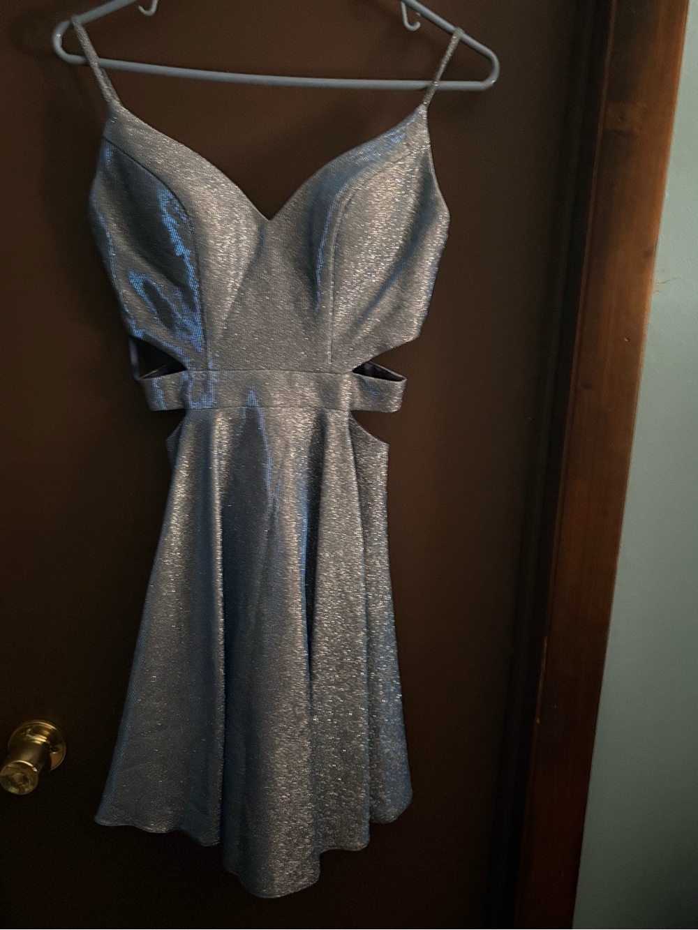 Shimmery Silver V-Neck Mini Dress with Cutout Waist
